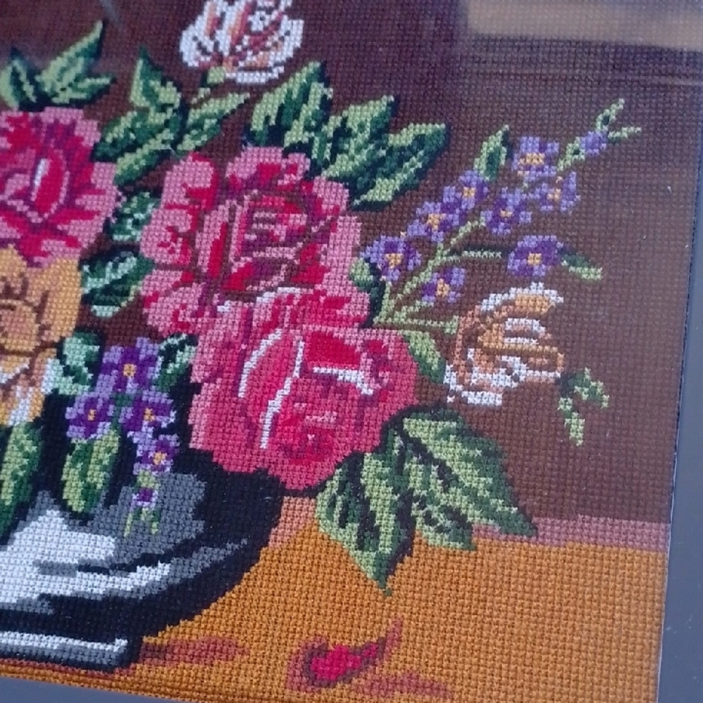 Vintage Needlepoint Art with Red, Pink, Yellow, Green Blooms - Picture 4 of 8